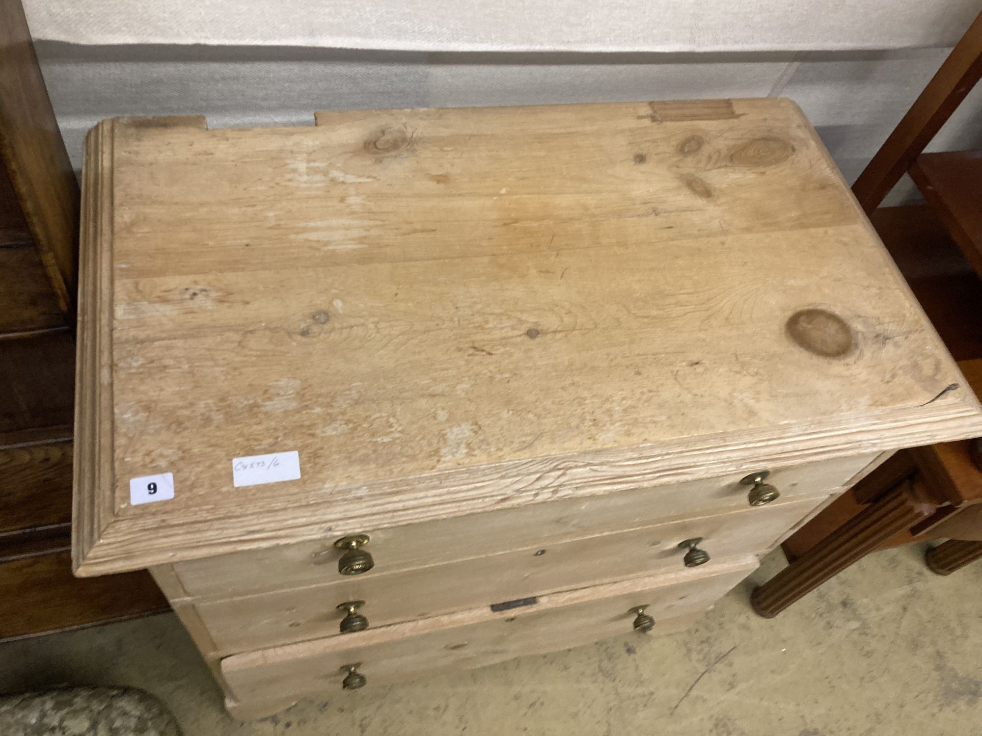 A late Victorian stripped pine chest of drawers, (altered) width 86cm, depth 48cm, height 81cm